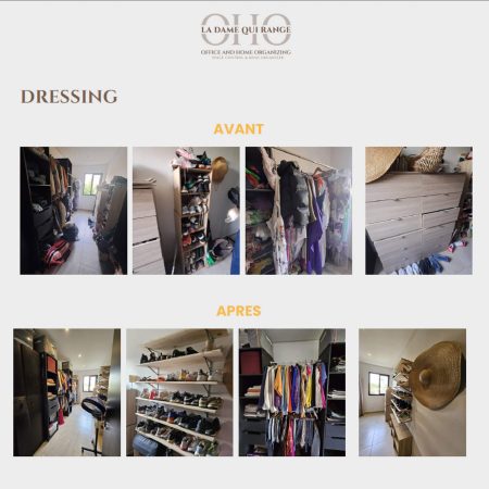 Before and after photos of a dressing room organized by La Dame Qui Range in Côte d’Ivoire, showing the transformation from cluttered shelves to a neatly arranged wardrobe, reflecting professional home organizing services.
