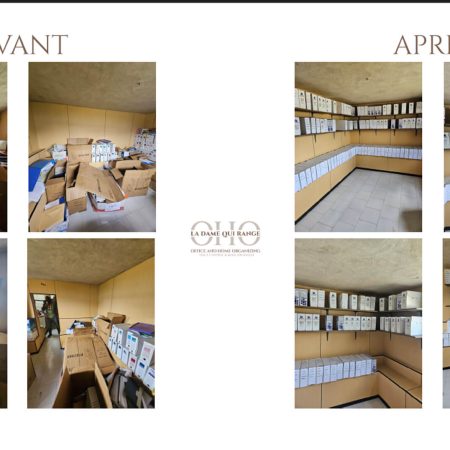 Before and after photos of an office organized by La Dame Qui Range in Abidjan, Côte d’Ivoire, showing the transformation from cluttered boxes to neatly arranged files, demonstrating the enterprise’s professional organizing services.